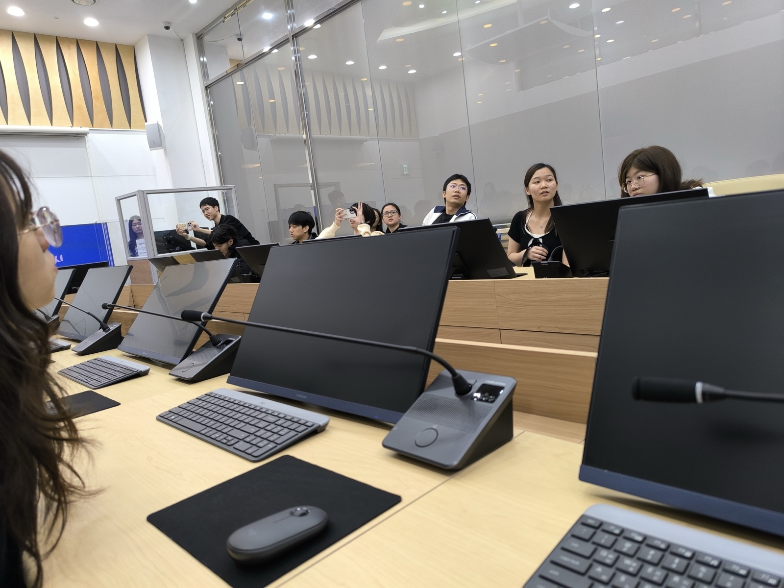 Rows of personal monitors at the briefing desks