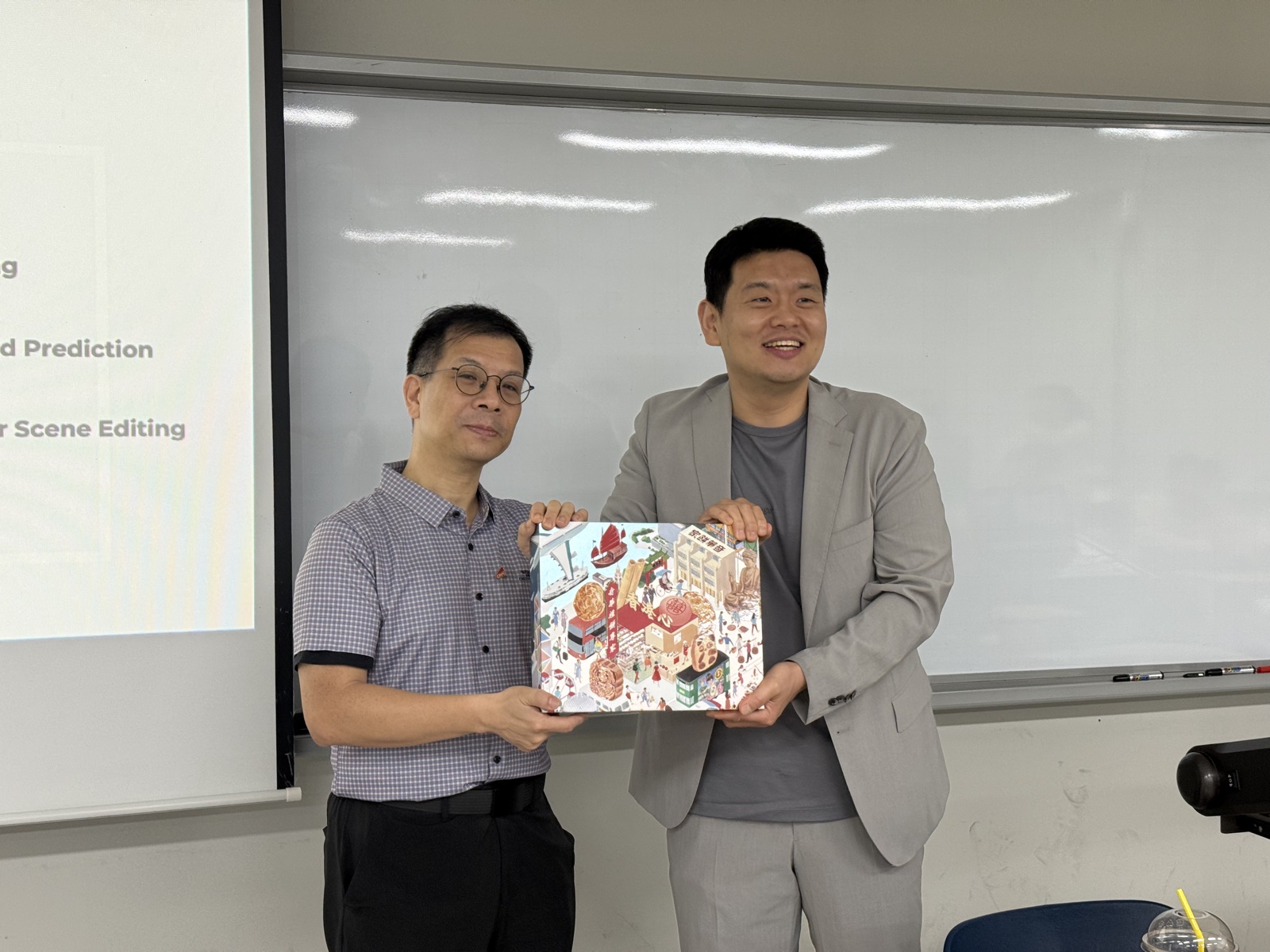 A faculty exchange in front of the day's research